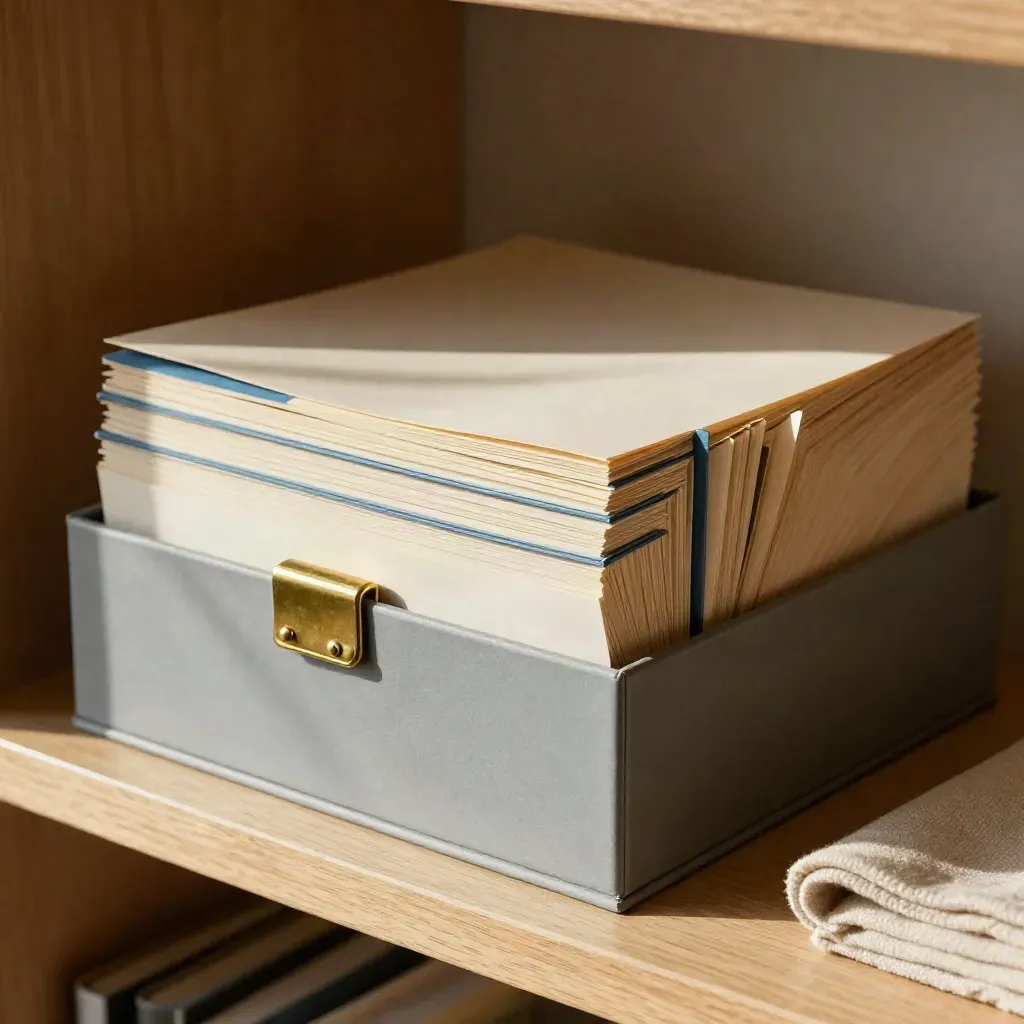 Tabbed project folios with brass clip and archive box on a warm shelf in soft afternoon light.