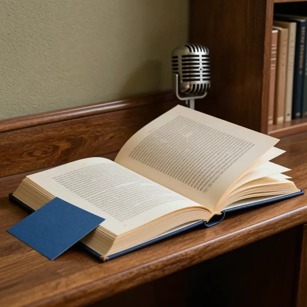 Open chapbook, folded talk card, and soft vintage microphone on a walnut shelf
