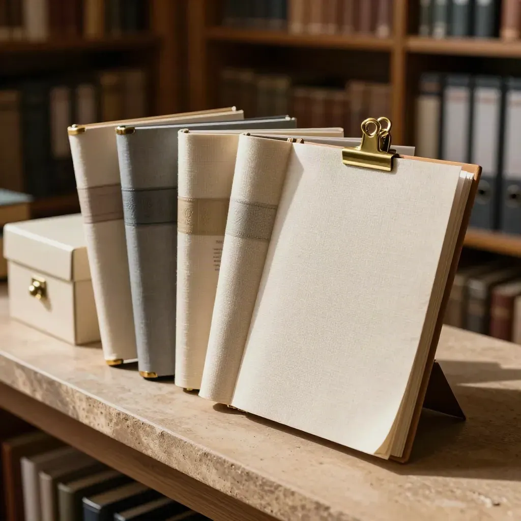 Six project folios fanned beside a brass clip and archive box on a warm stone ledge.