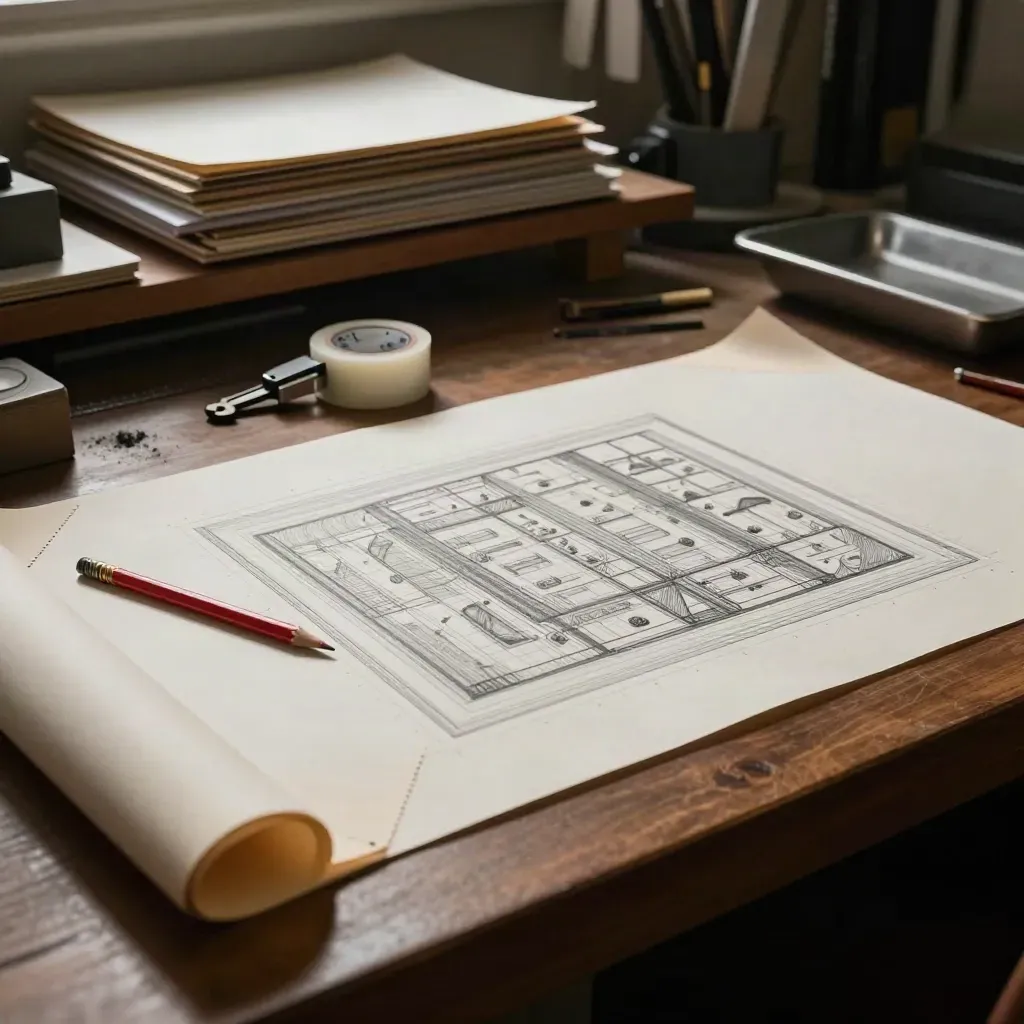 Editorial still life of red pencil tips, correction tape, and proof corners on cream boards.