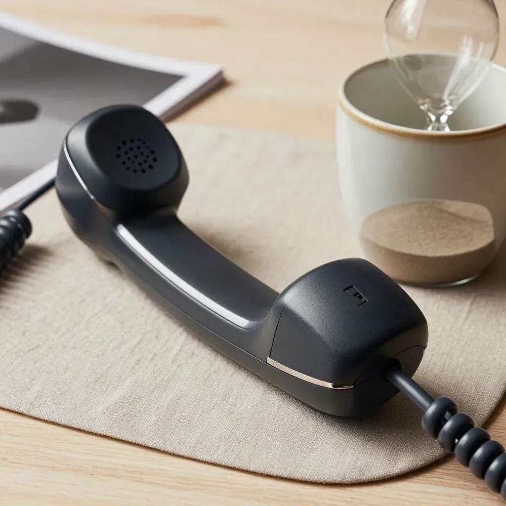 Charcoal handset, stoneware cup and hourglass on linen over pale wood.