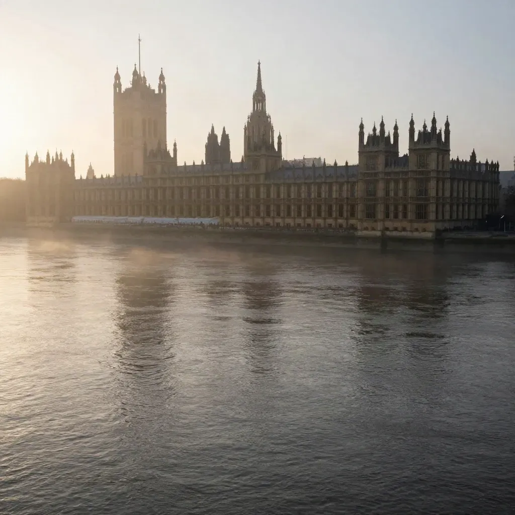 Westminster and the Thames at sunrise, palace silhouette above a misty river.