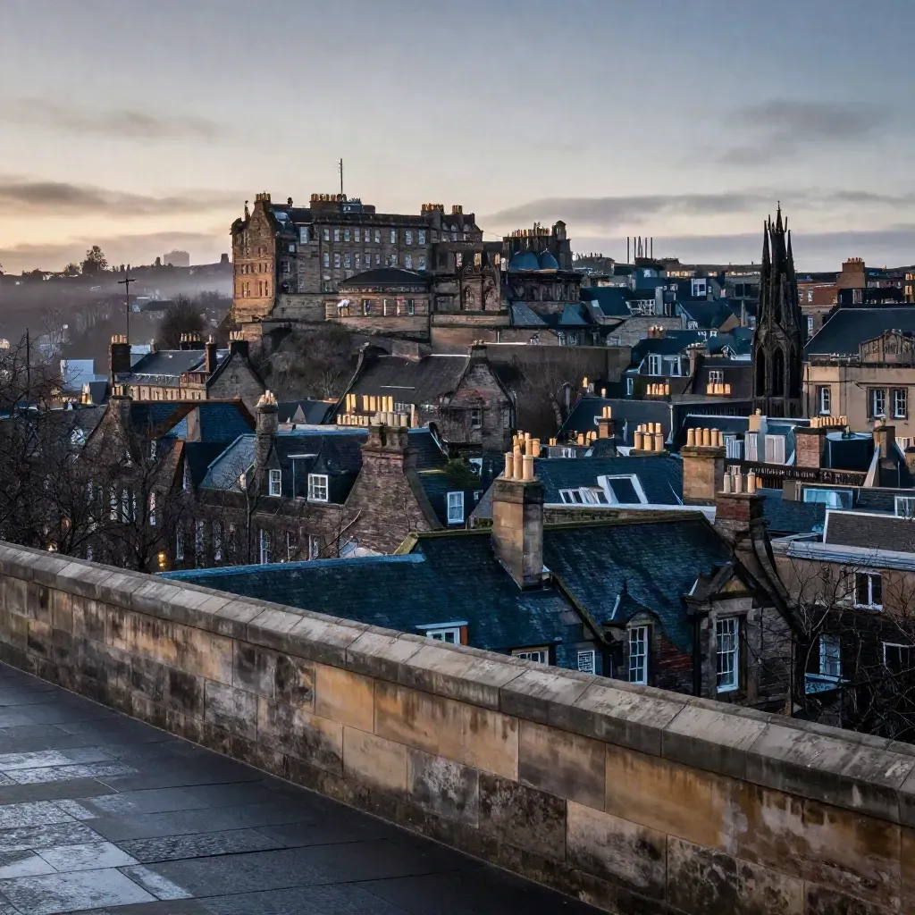 Edinburgh skyline and castle ridge above a misty stone terrace at blue hour